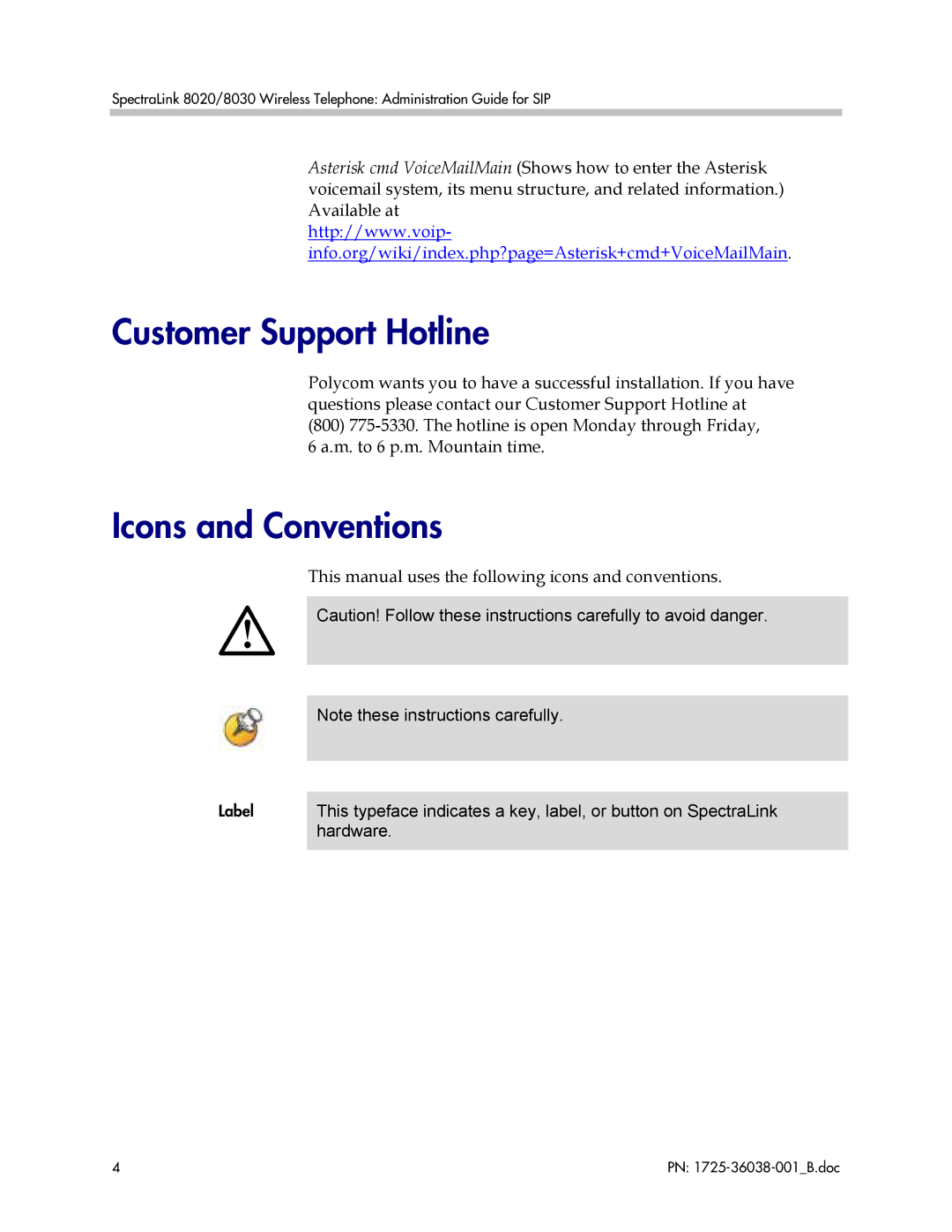 Polycom 8030, 8020, 1725-36038-001 manual Customer Support Hotline, Icons and Conventions 