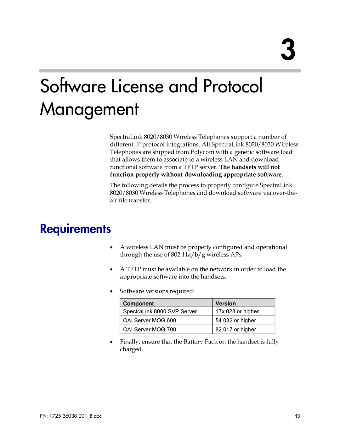 Polycom 8030, 8020, 1725-36038-001 manual Software License and Protocol Management, Requirements, Component Version 