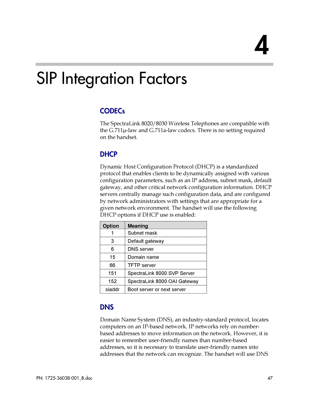 Polycom 1725-36038-001, 8020, 8030 manual SIP Integration Factors, CODECs, Option Meaning 