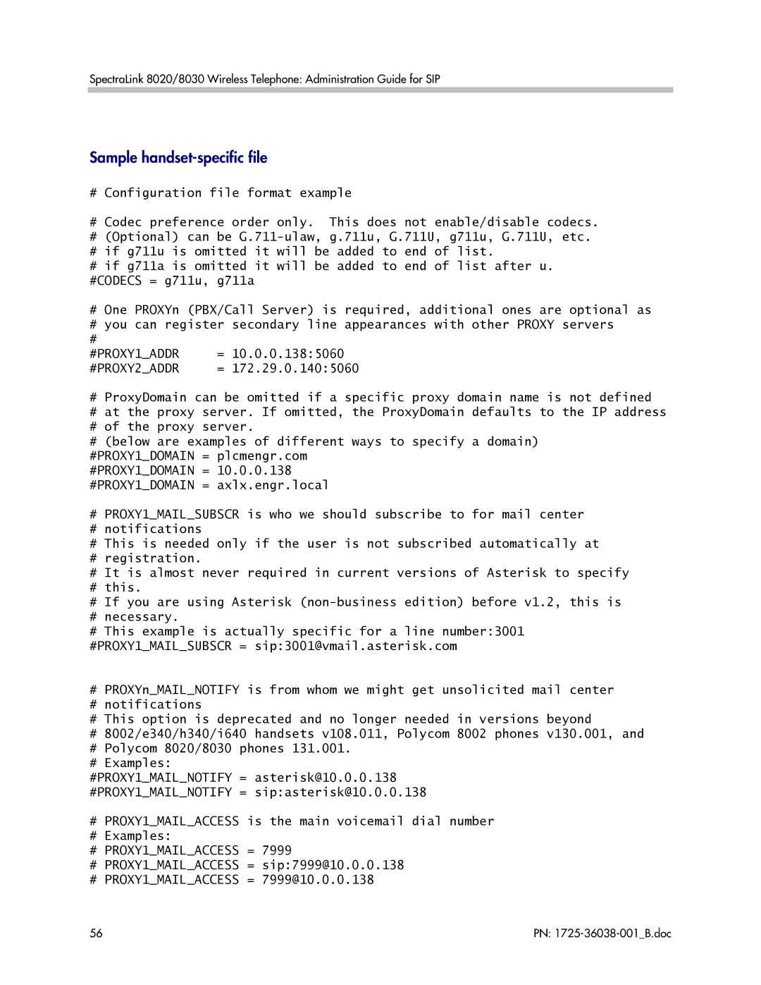 Polycom 1725-36038-001, 8020, 8030 manual Sample handset-specific file, #PROXY1ADDR #PROXY2ADDR 