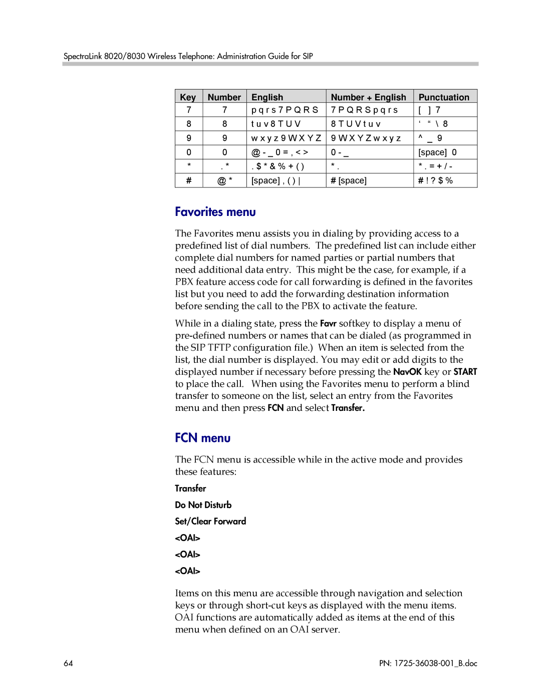 Polycom 8030, 8020, 1725-36038-001 manual Favorites menu, FCN menu 