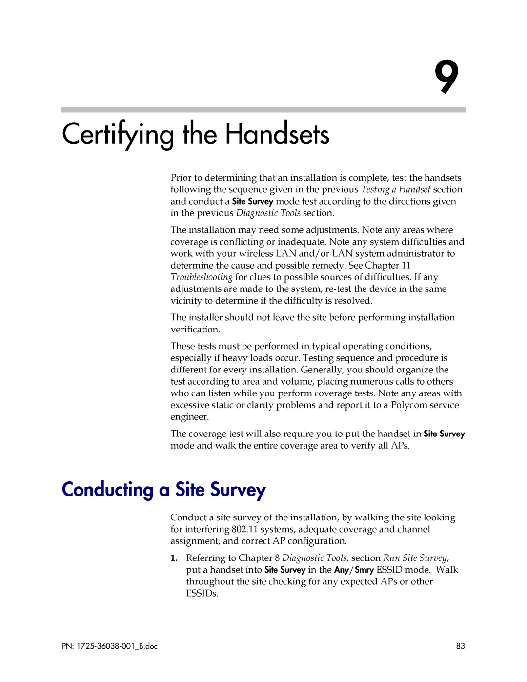 Polycom 1725-36038-001, 8020, 8030 manual Certifying the Handsets, Conducting a Site Survey 