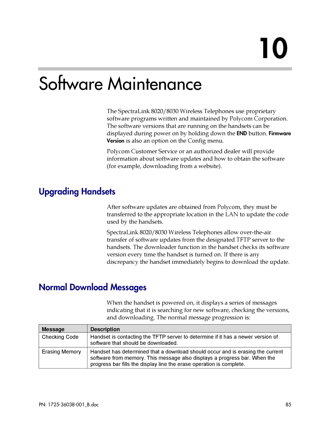 Polycom 8030, 8020, 1725-36038-001 Software Maintenance, Upgrading Handsets, Normal Download Messages, Message Description 