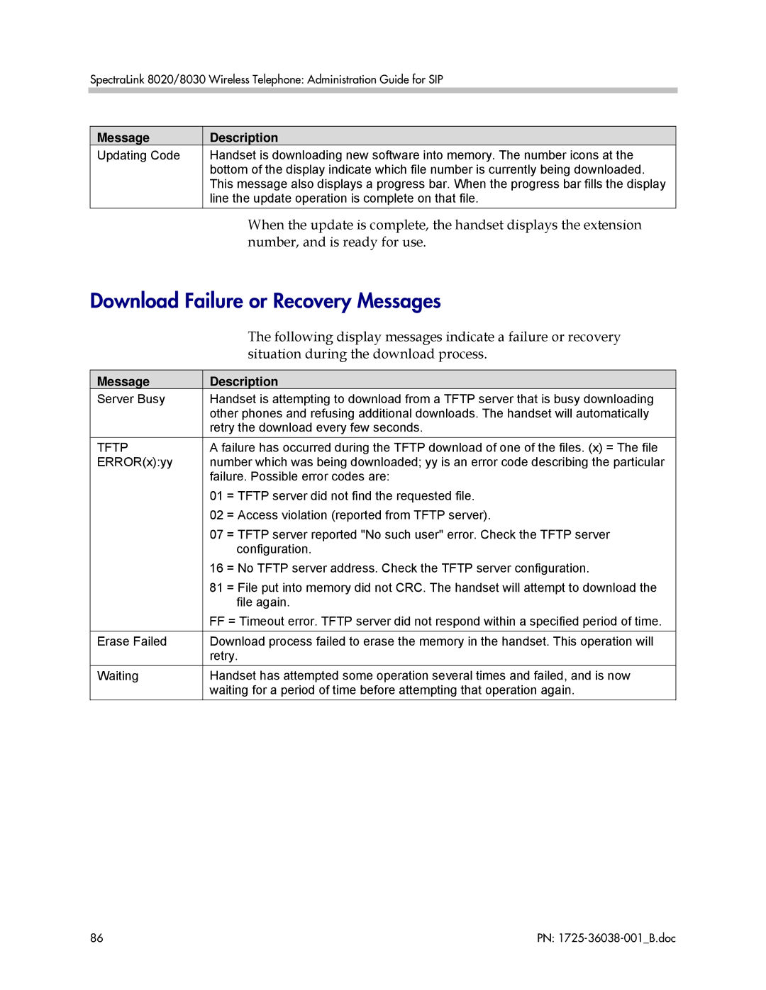 Polycom 1725-36038-001, 8020, 8030 manual Download Failure or Recovery Messages, Situation during the download process 