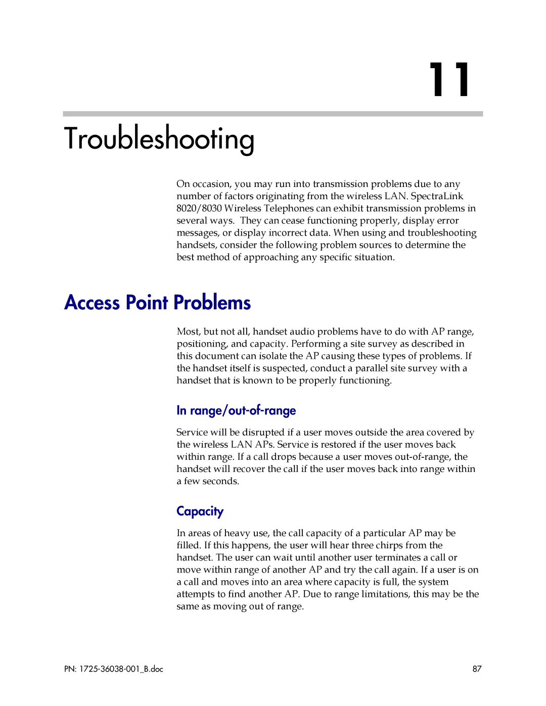 Polycom 8020, 8030, 1725-36038-001 manual Troubleshooting, Access Point Problems, Range/out-of-range, Capacity 