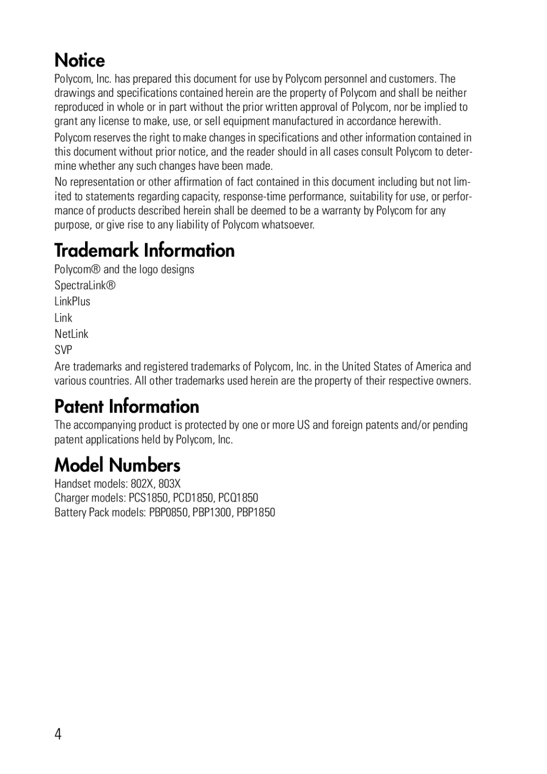 Polycom 8020, 8030 manual Trademark Information, Patent Information, Model Numbers 