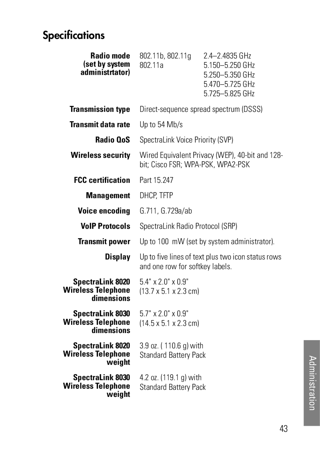 Polycom 8030, 8020 manual Specifications, Administrtator 