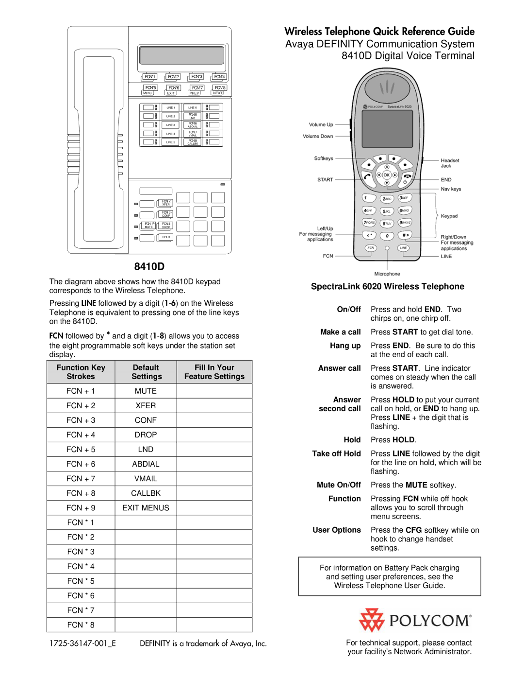 Polycom 8410D manual SpectraLink 6020 Wireless Telephone, Function Key Default Fill In Your, Settings Feature Settings 