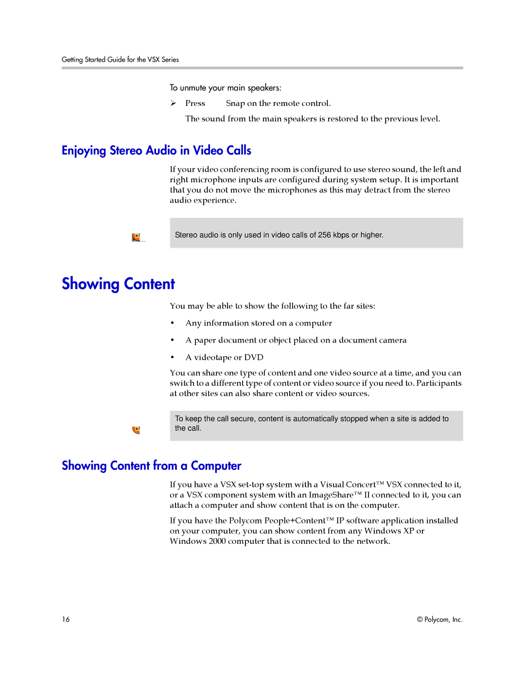 Polycom 9.0.6 manual Enjoying Stereo Audio in Video Calls, Showing Content from a Computer 