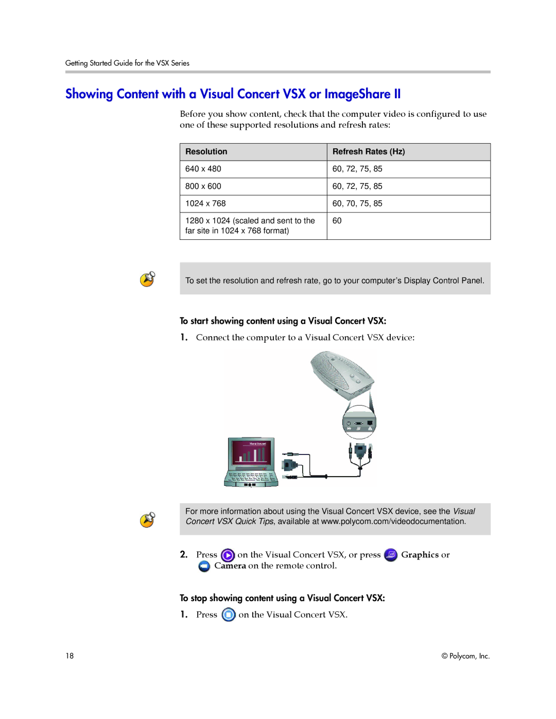 Polycom 9.0.6 manual Showing Content with a Visual Concert VSX or ImageShare, Graphics or, Resolution Refresh Rates Hz 