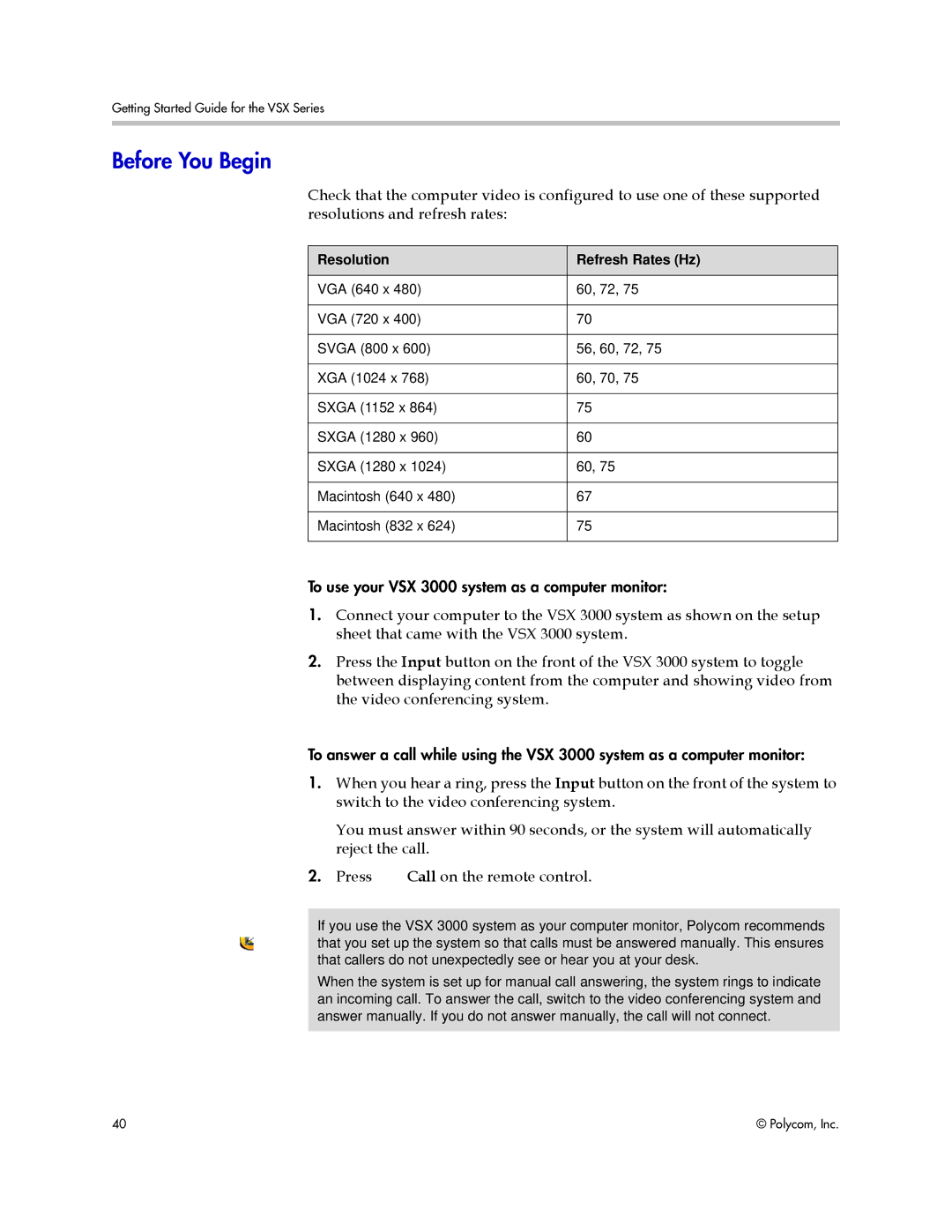 Polycom 9.0.6 manual Before You Begin, Resolution Refresh Rates Hz 