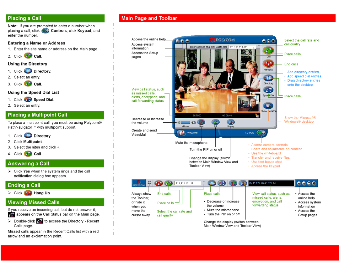 Polycom manual Placing a Call, Main Page and Toolbar, Placing a Multipoint Call, Answering a Call, Ending a Call 