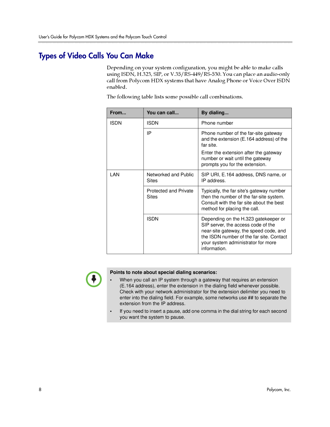 Polycom A Types of Video Calls You Can Make, From You can call By dialing, Points to note about special dialing scenarios 