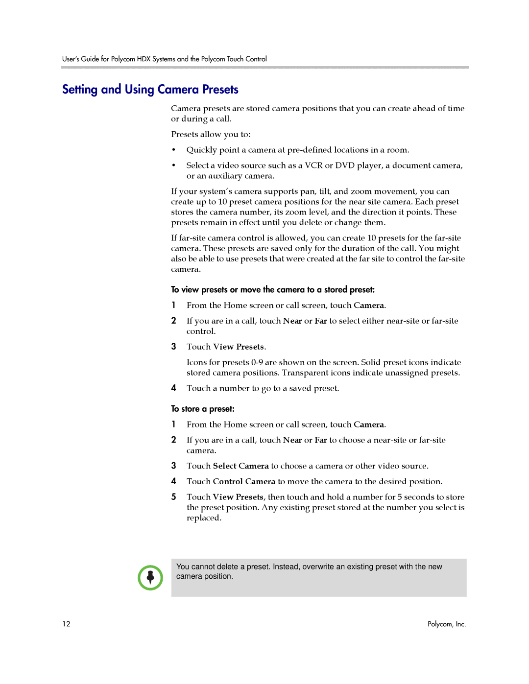 Polycom A, 3725-61794-005 manual Setting and Using Camera Presets, Touch View Presets 