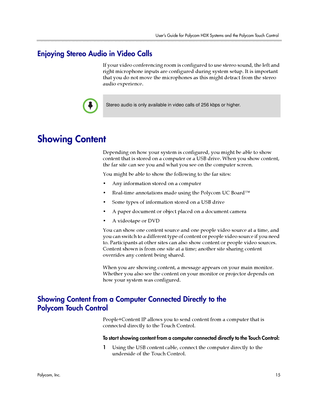 Polycom 3725-61794-005 manual Showing Content, Enjoying Stereo Audio in Video Calls 