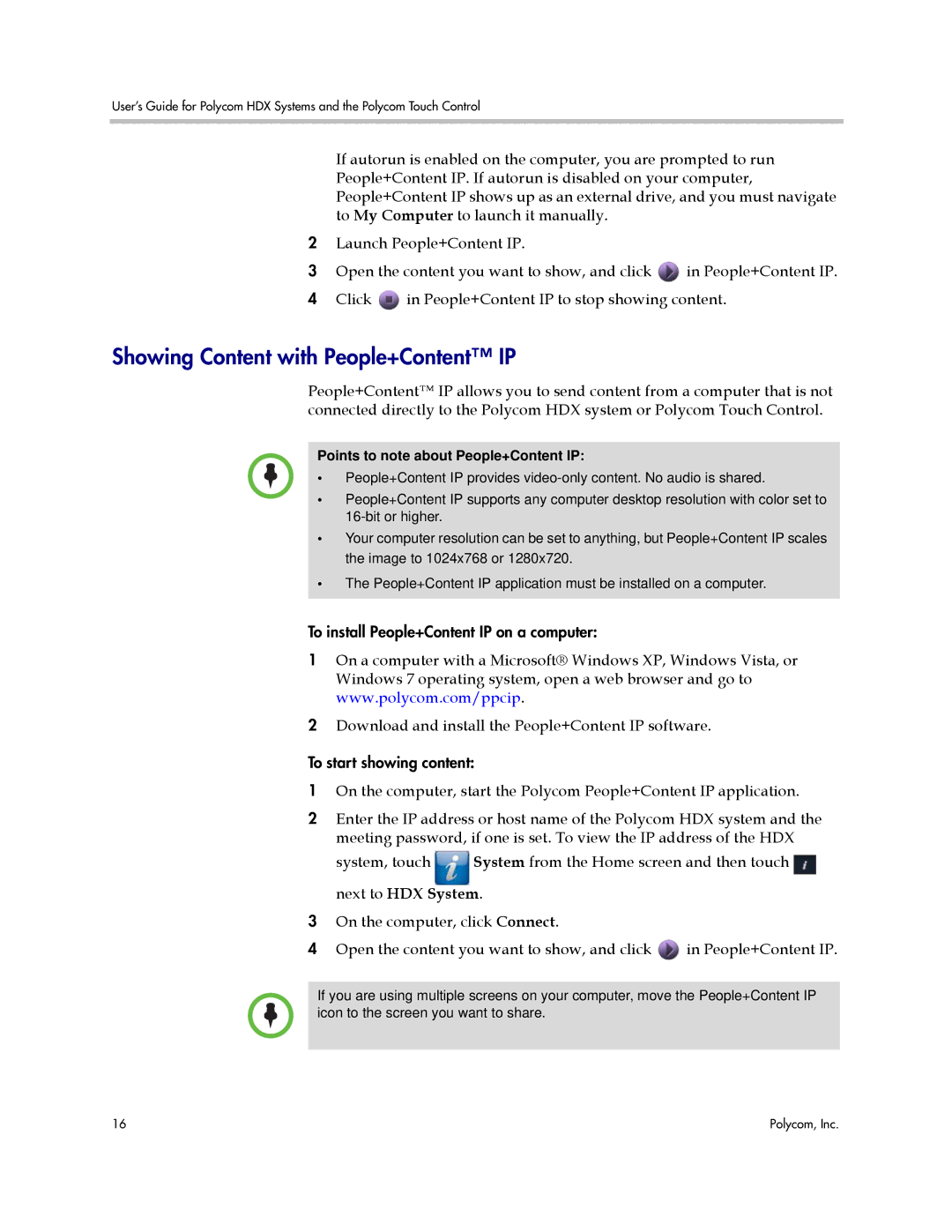 Polycom A manual Showing Content with People+Content IP, Next to HDX System, Points to note about People+Content IP 