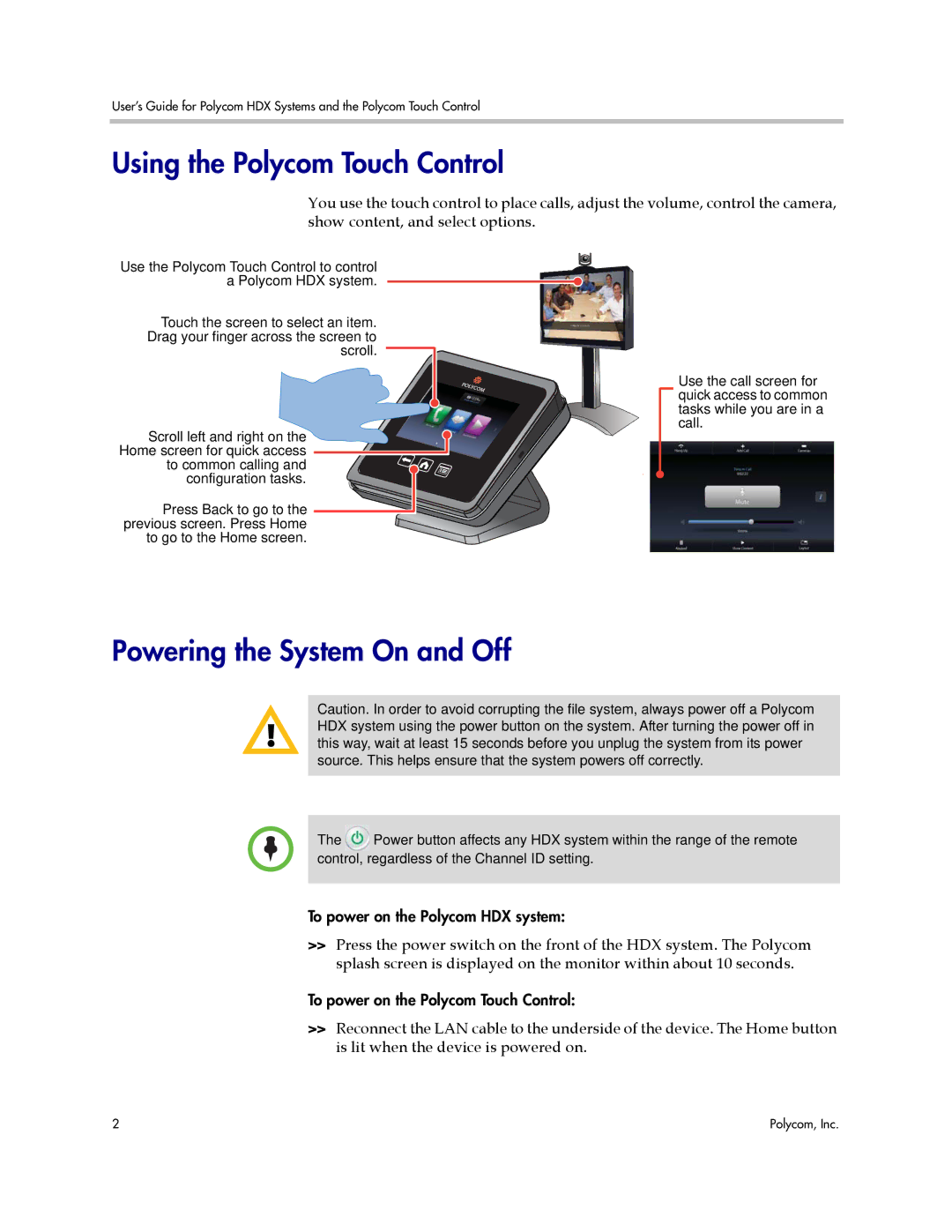 Polycom A, 3725-61794-005 manual Using the Polycom Touch Control, Powering the System On and Off 