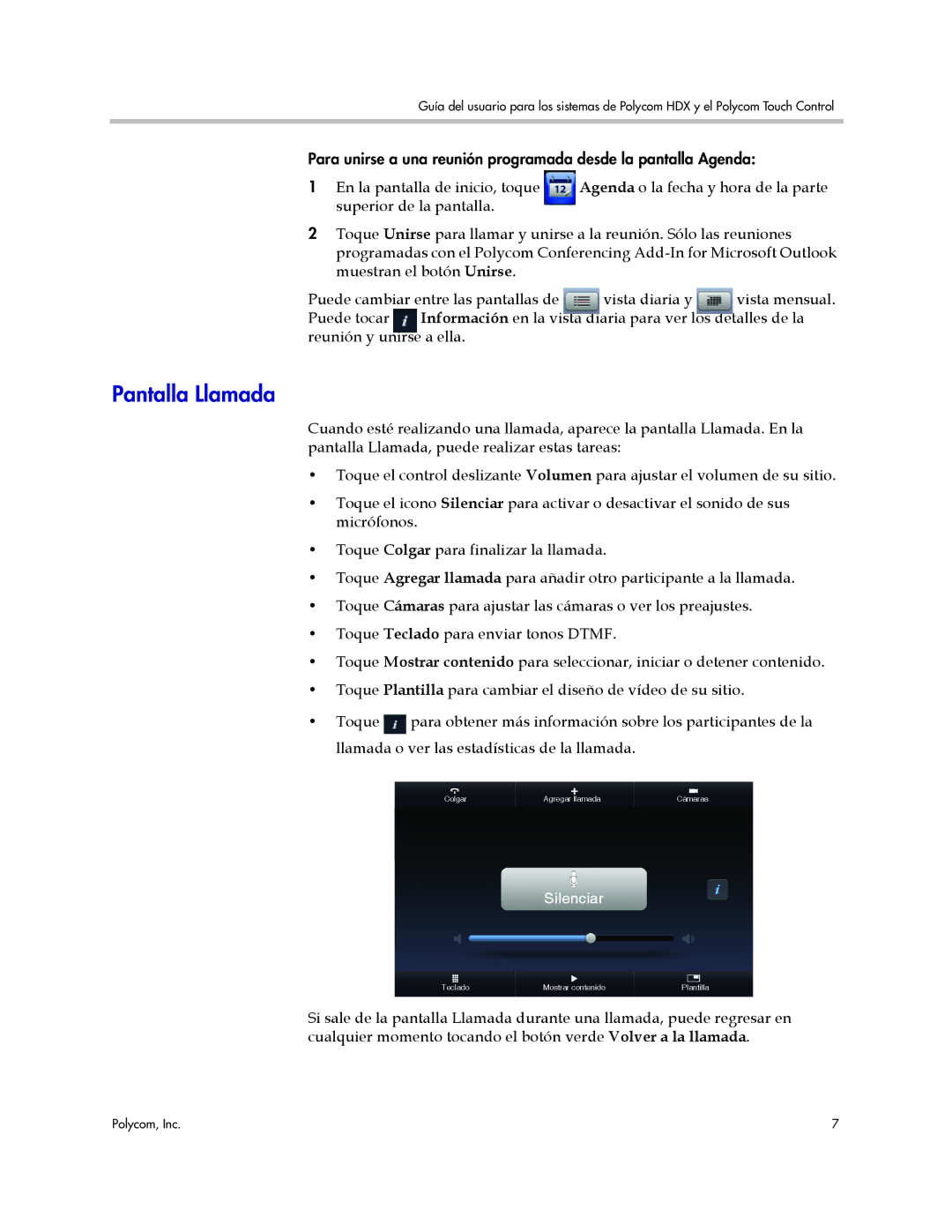 Polycom 3725-61955-004, A manual Pantalla Llamada, Silenciar 