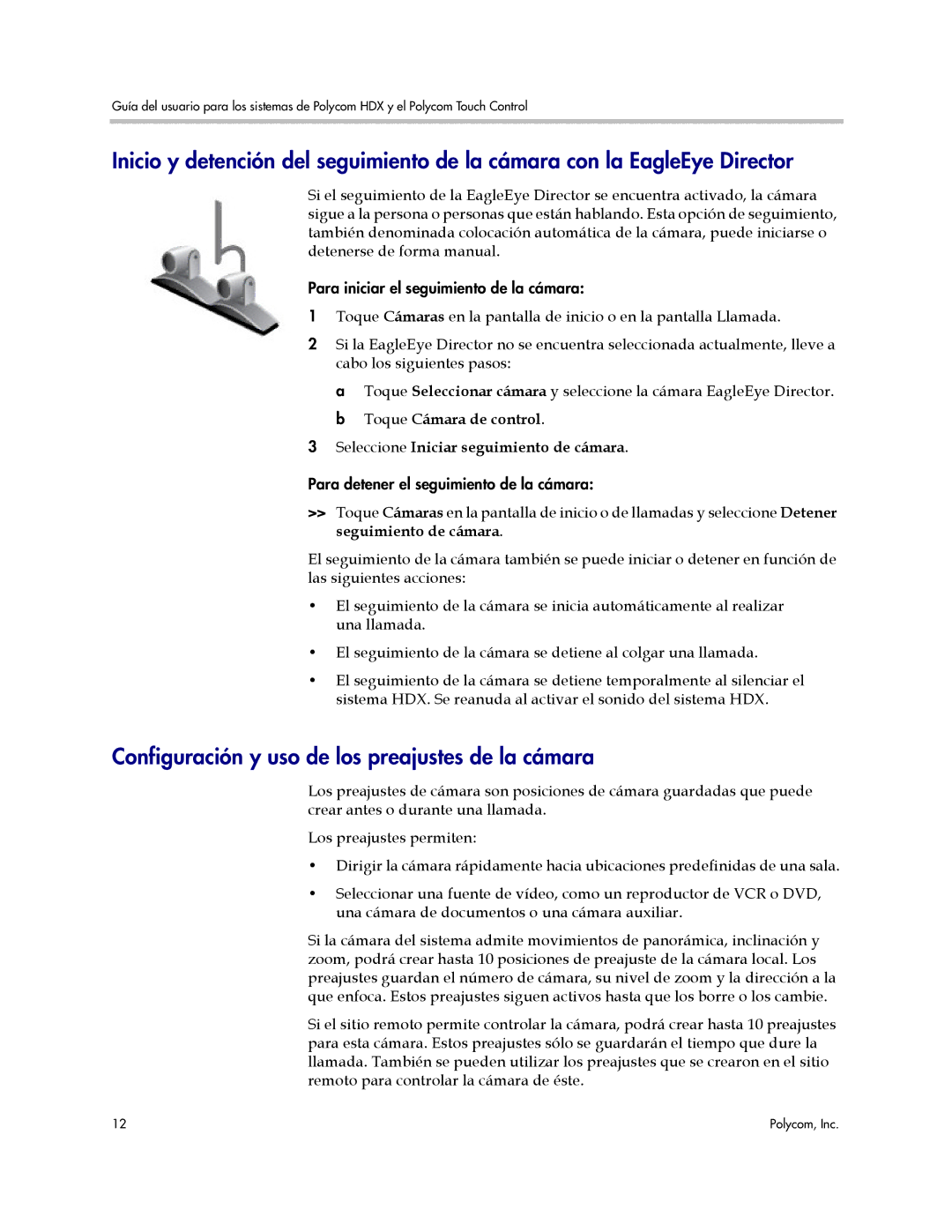 Polycom A, 3725-61955-004 Configuración y uso de los preajustes de la cámara, Seleccione Iniciar seguimiento de cámara 