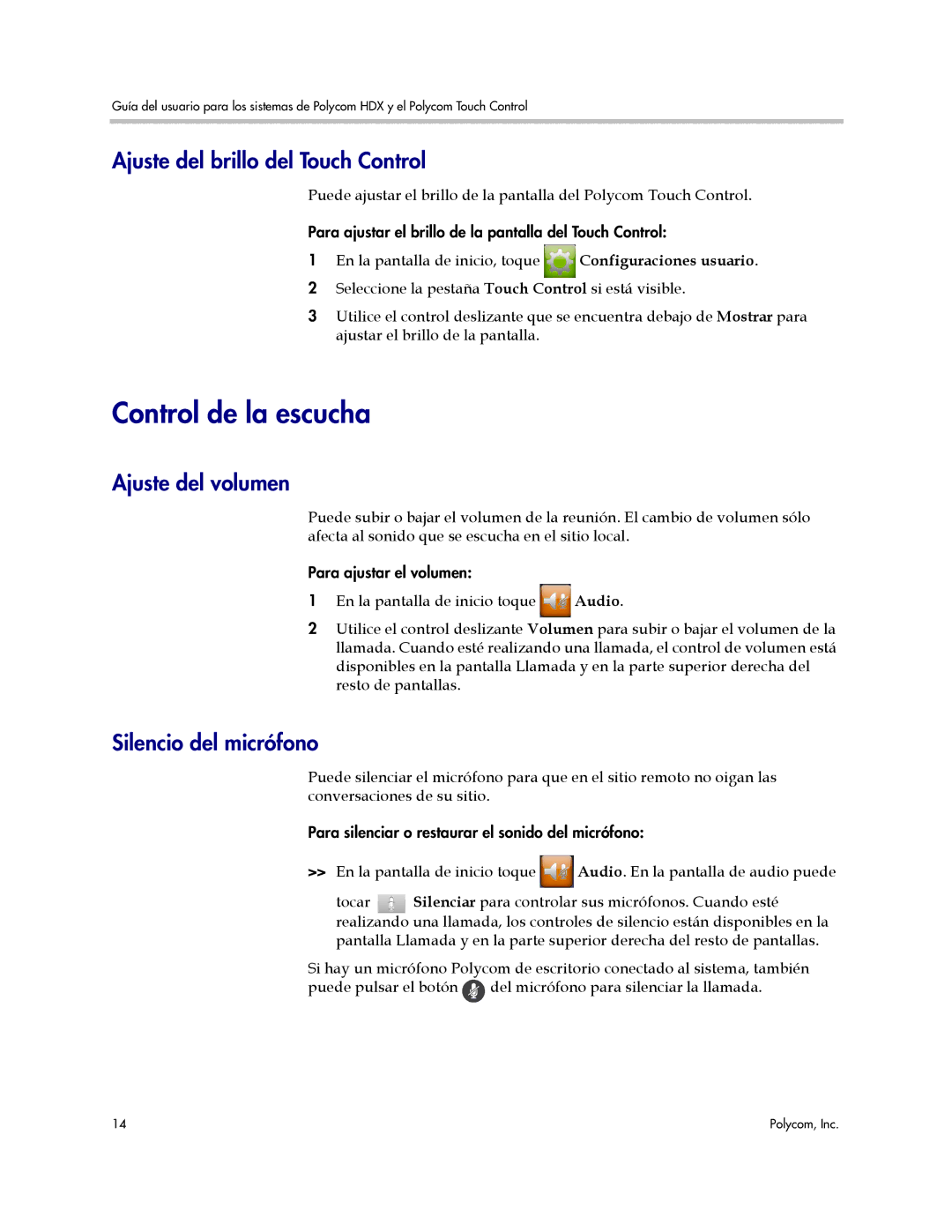 Polycom manual Control de la escucha, Ajuste del brillo del Touch Control, Ajuste del volumen, Silencio del micrófono 