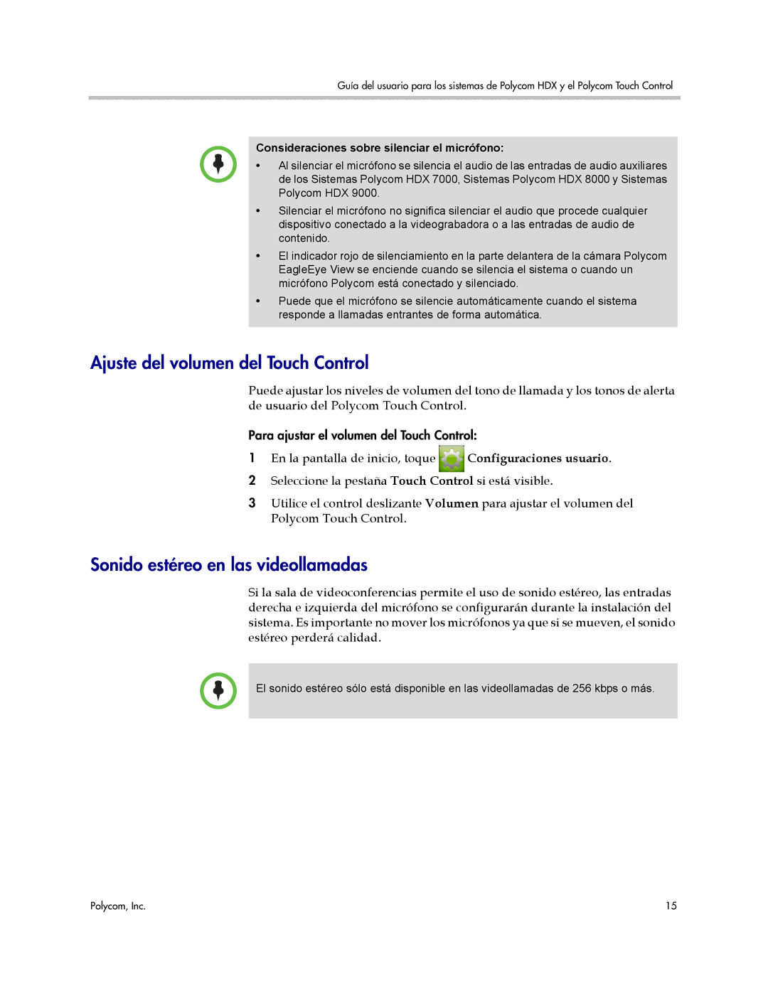 Polycom 3725-61955-004 manual Ajuste del volumen del Touch Control, Sonido estéreo en las videollamadas 