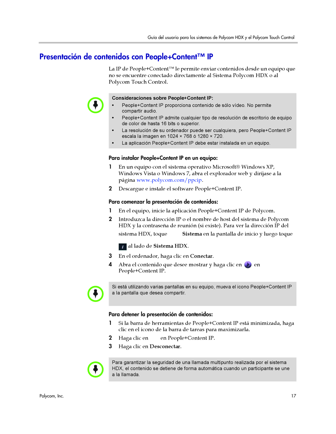 Polycom 3725-61955-004, A manual Presentación de contenidos con People+Content IP, Consideraciones sobre People+Content IP 