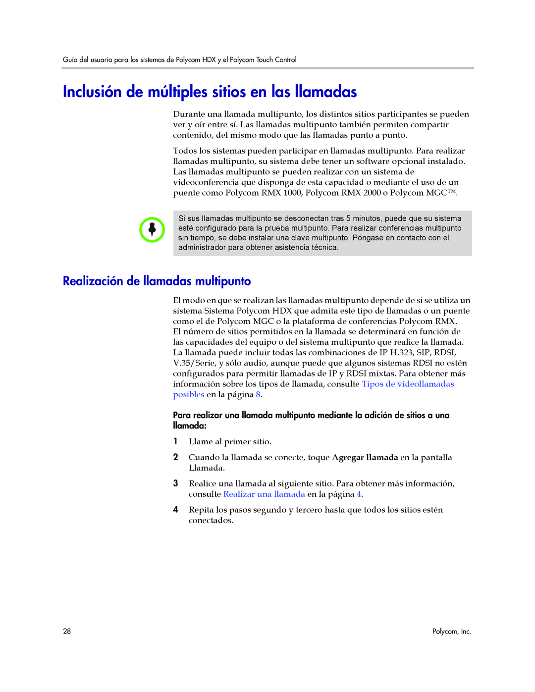 Polycom A, 3725-61955-004 manual Inclusión de múltiples sitios en las llamadas, Realización de llamadas multipunto 