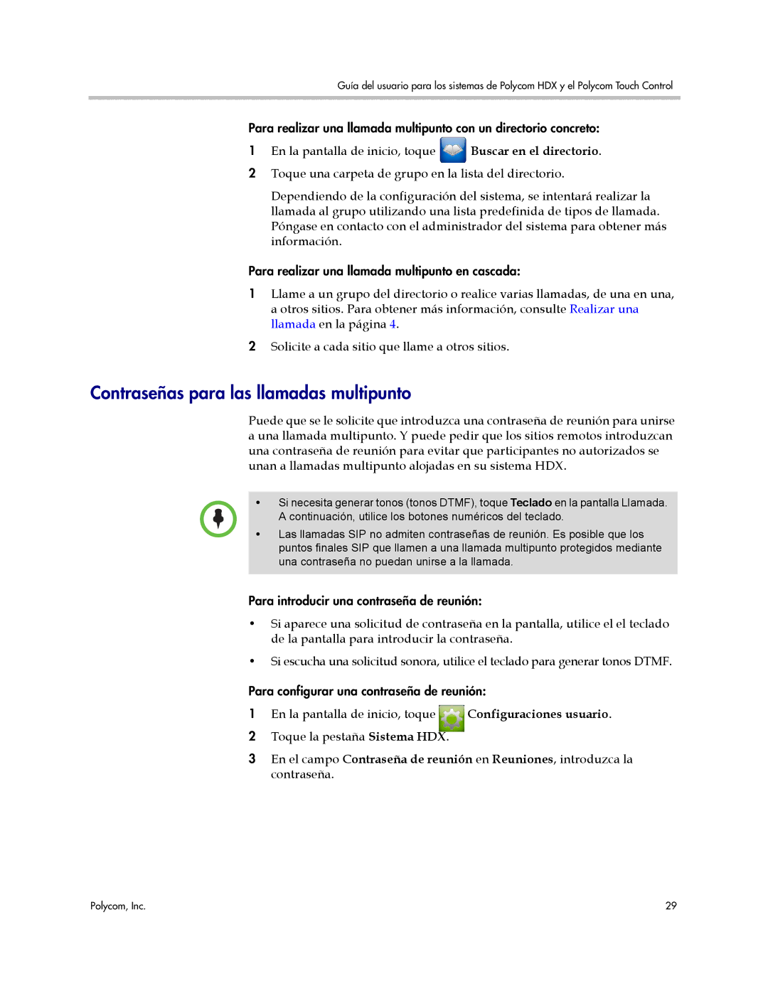 Polycom 3725-61955-004, A manual Contraseñas para las llamadas multipunto, Configuraciones usuario 