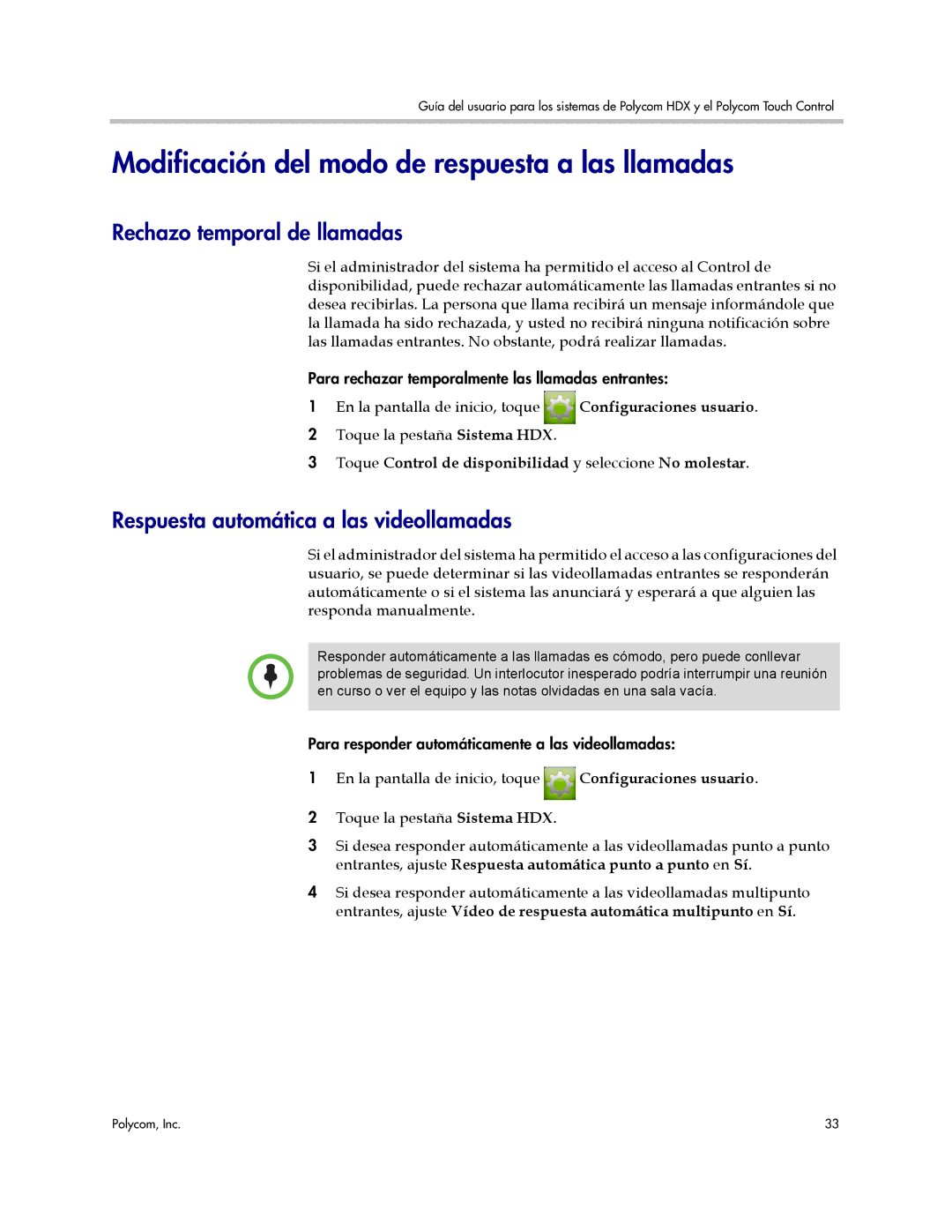 Polycom 3725-61955-004, A manual Modificación del modo de respuesta a las llamadas, Rechazo temporal de llamadas 