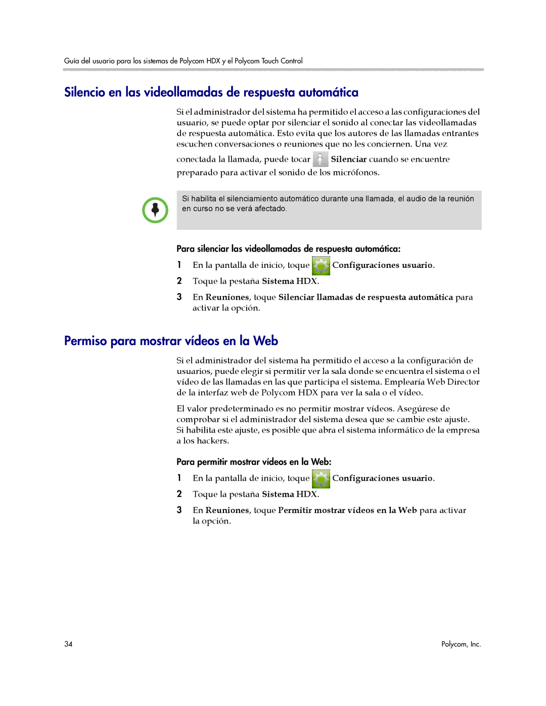 Polycom A, 3725-61955-004 Silencio en las videollamadas de respuesta automática, Permiso para mostrar vídeos en la Web 