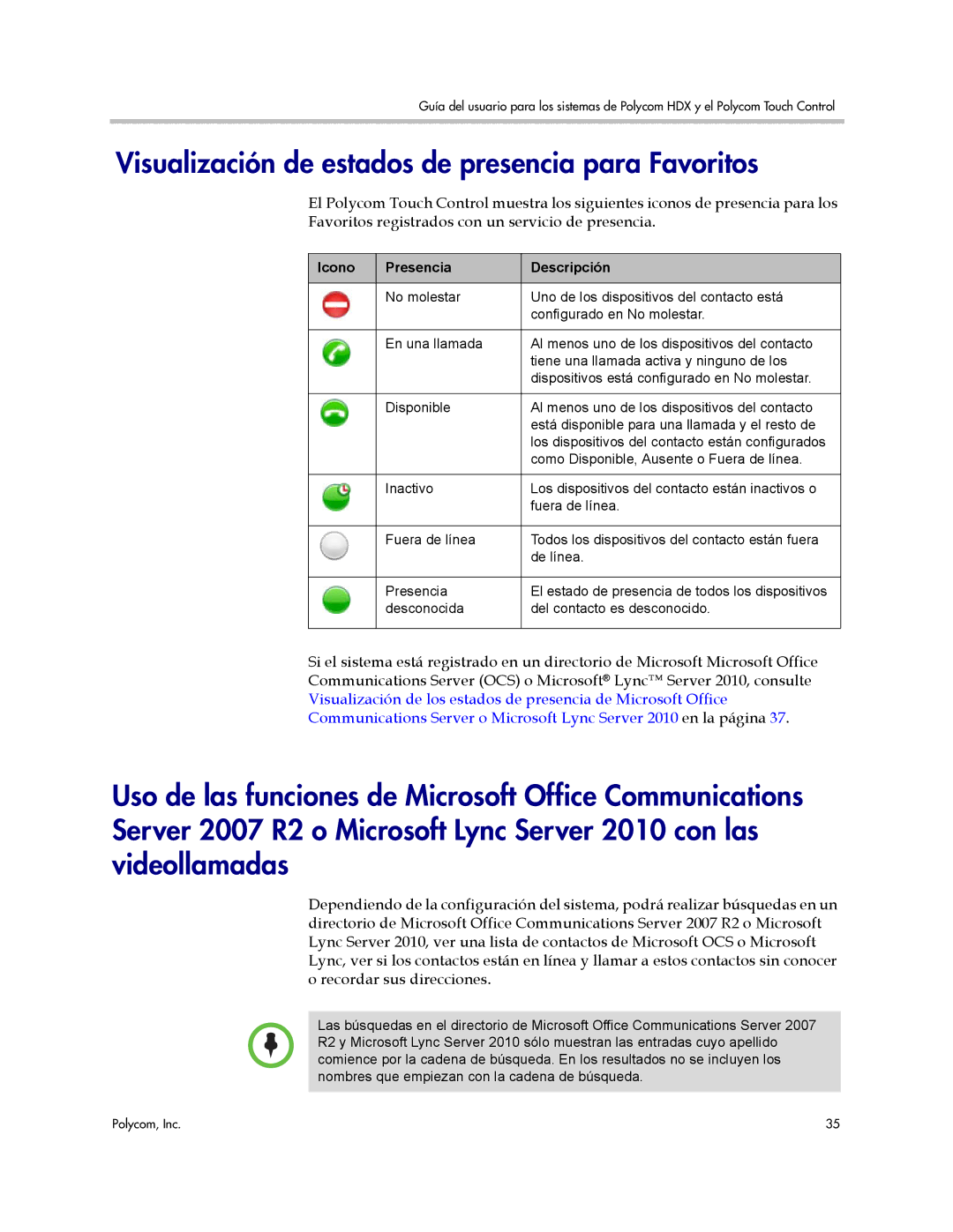 Polycom 3725-61955-004, A manual Visualización de estados de presencia para Favoritos, Icono Presencia Descripción 