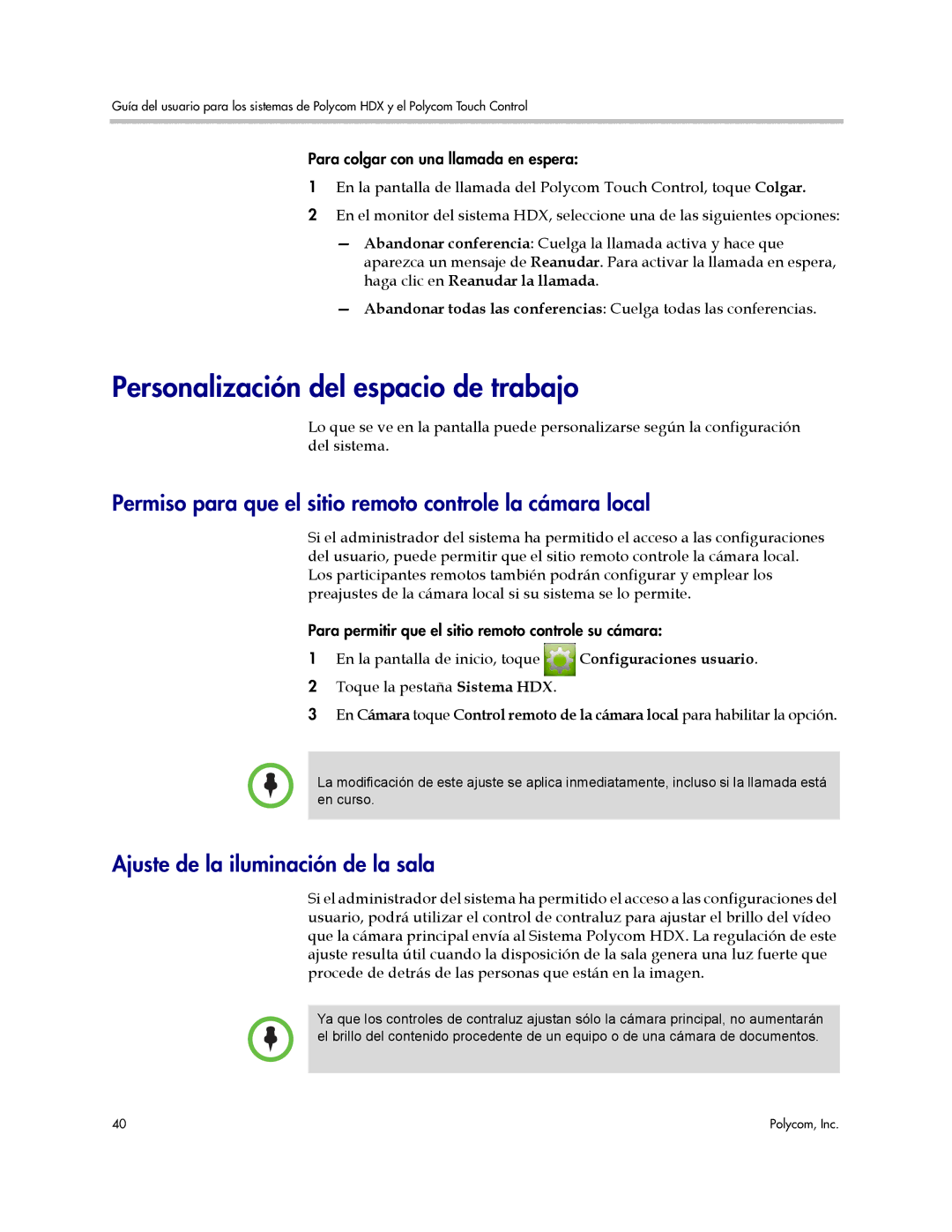 Polycom A manual Personalización del espacio de trabajo, Permiso para que el sitio remoto controle la cámara local 