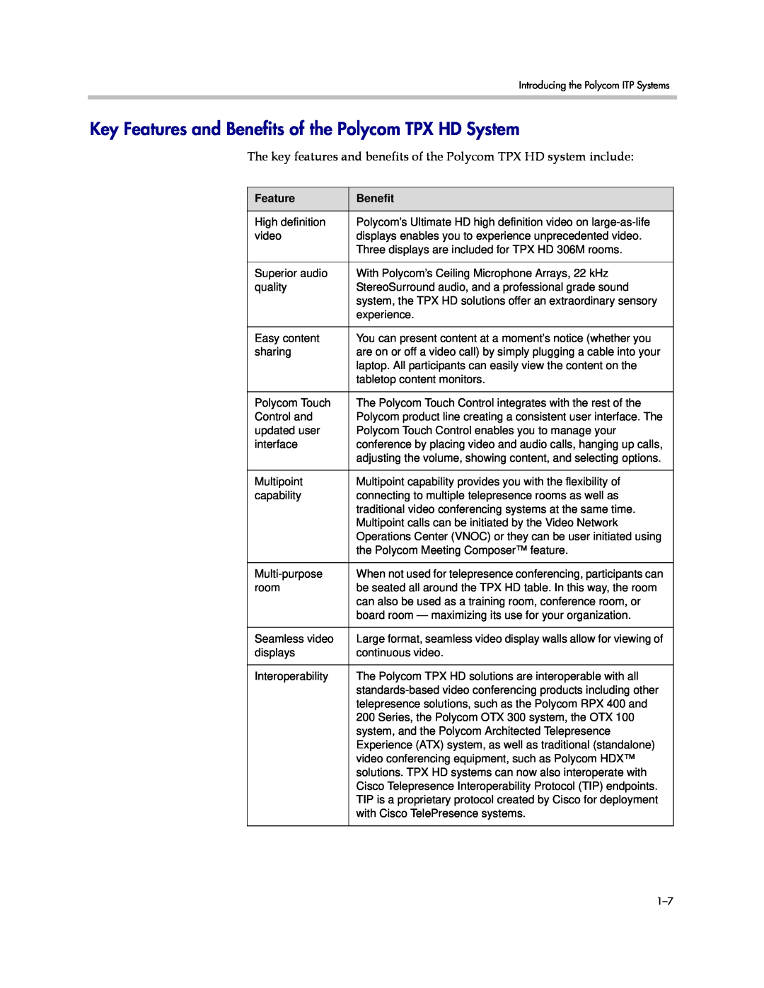Polycom 3725-63211-002, A manual Key Features and Benefits of the Polycom TPX HD System 