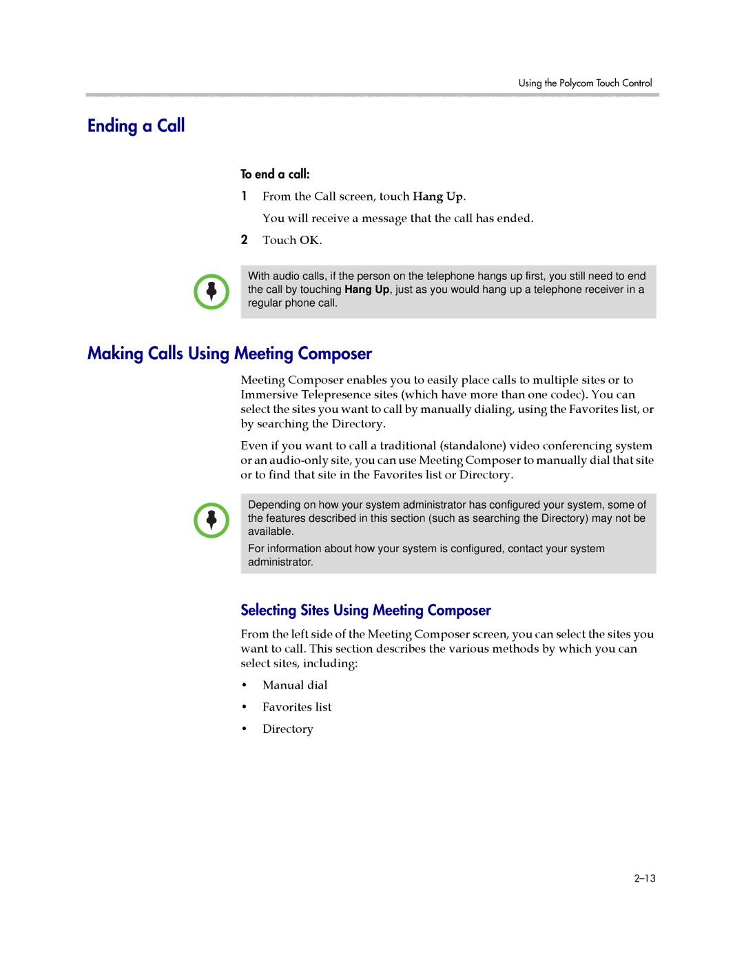 Polycom 3725-63211-002, A manual Ending a Call, Making Calls Using Meeting Composer, Selecting Sites Using Meeting Composer 