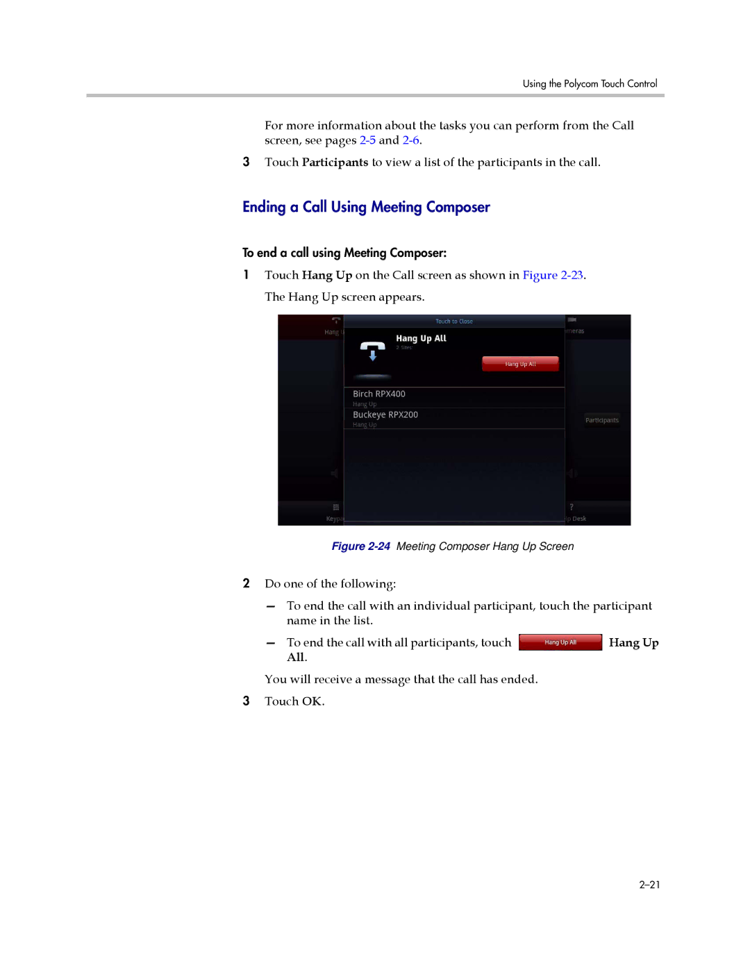 Polycom 3725-63211-002 Ending a Call Using Meeting Composer, To end the call with all participants, touch Hang Up All 