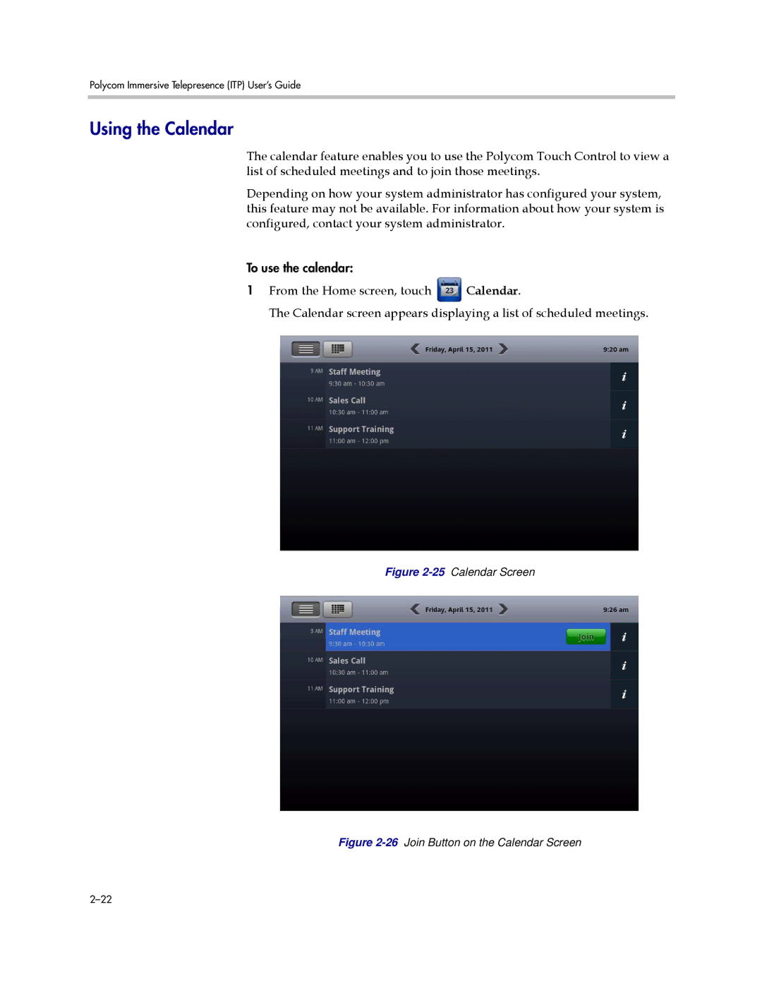 Polycom A, 3725-63211-002 manual Using the Calendar, 25Calendar Screen 