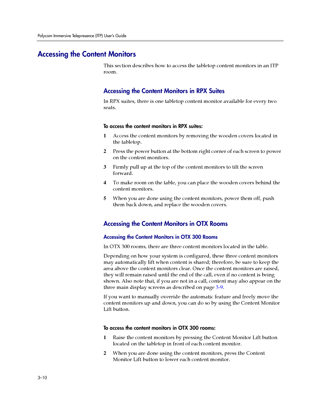 Polycom 3725-63211-002 Accessing the Content Monitors in RPX Suites, Accessing the Content Monitors in OTX Rooms 