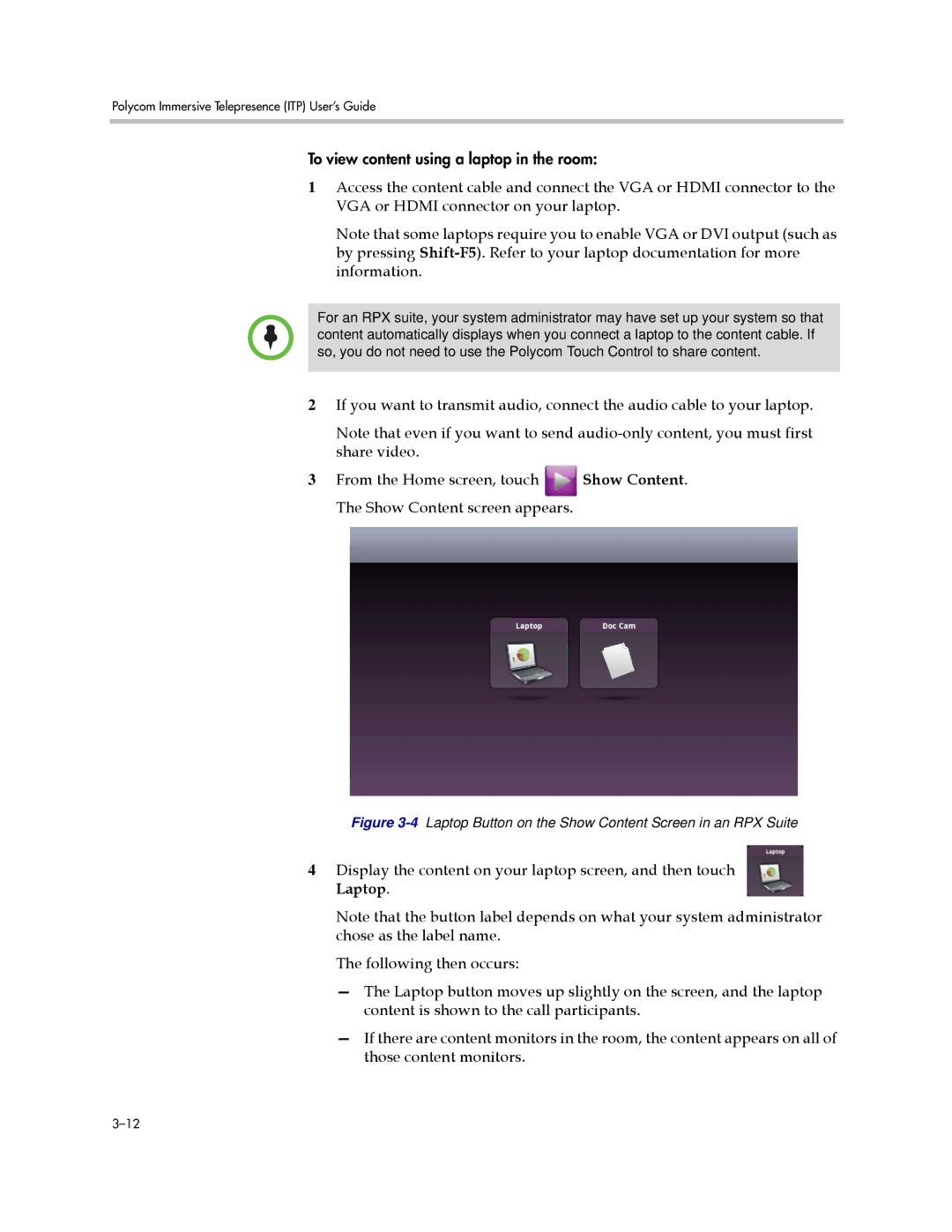 Polycom A, 3725-63211-002 manual To view content using a laptop in the room 