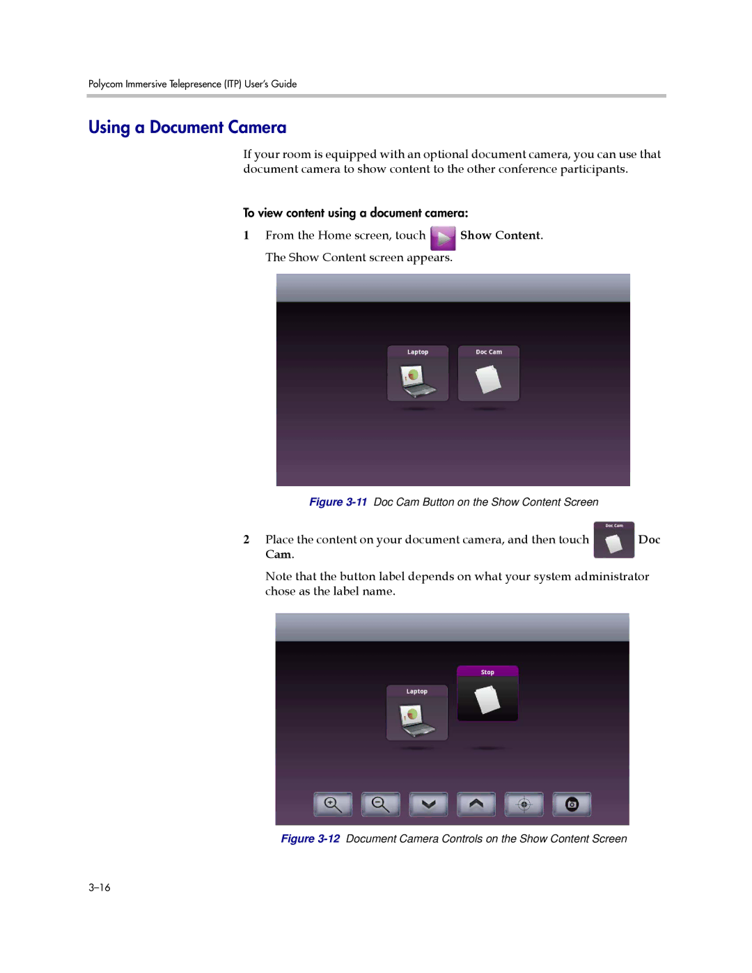 Polycom A, 3725-63211-002 manual Using a Document Camera, Doc Cam Button on the Show Content Screen 