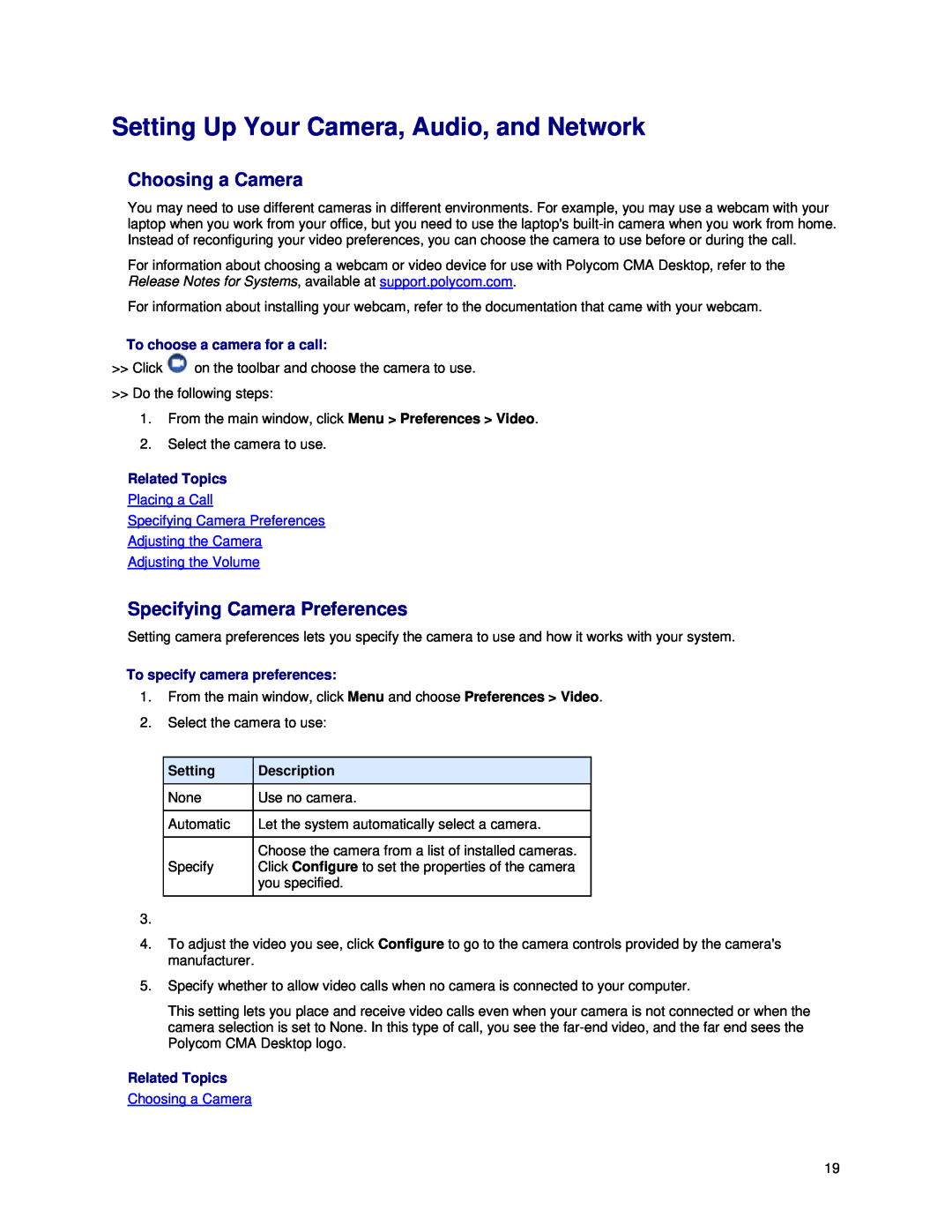 Polycom 3725-26792-003, 5.2.0 Setting Up Your Camera, Audio, and Network, Choosing a Camera, Specifying Camera Preferences 