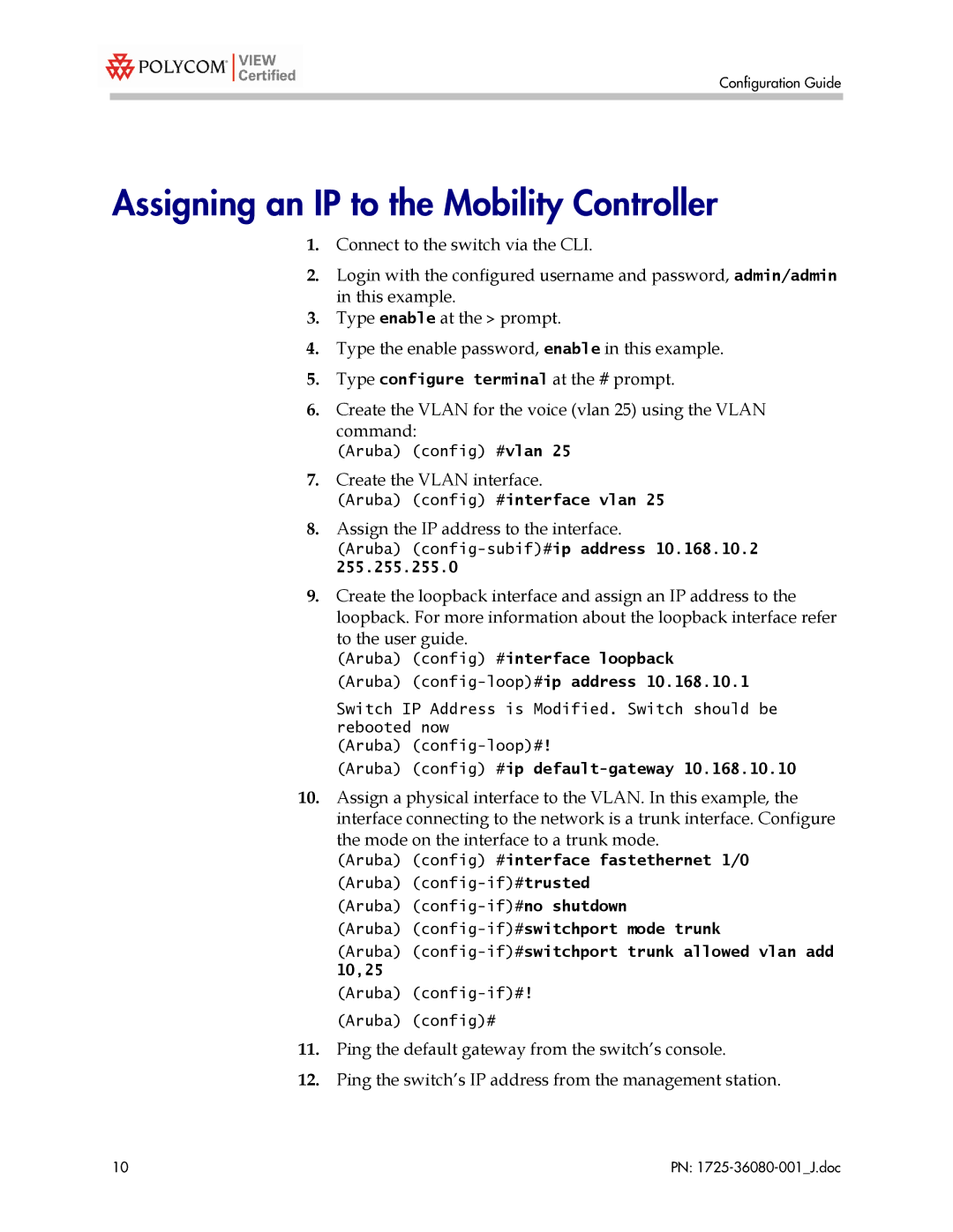 Polycom A800, A200, A6000, A2400 manual Assigning an IP to the Mobility Controller 