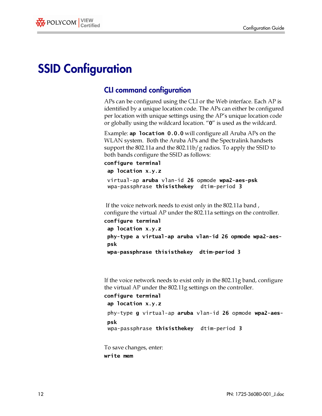 Polycom A200, A6000, A800, A2400 manual Ssid Configuration, CLI command configuration 