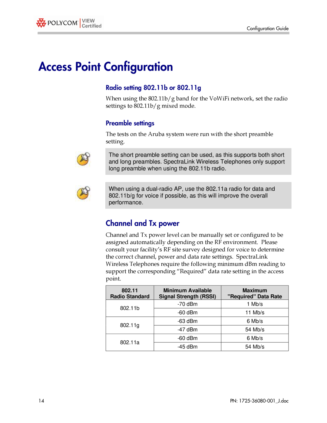 Polycom A800, A200 Access Point Configuration, Channel and Tx power, Radio setting 802.11b or 802.11g, Preamble settings 