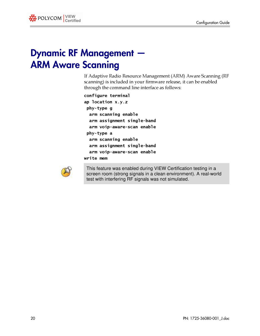 Polycom A200, A6000, A800, A2400 manual Dynamic RF Management ARM Aware Scanning 