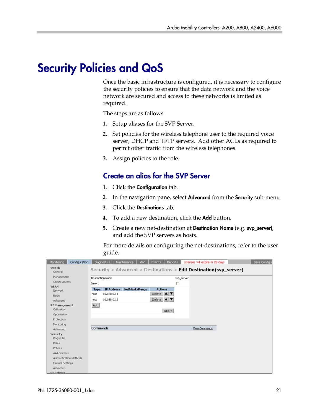 Polycom A6000, A200, A800, A2400 manual Security Policies and QoS, Create an alias for the SVP Server 