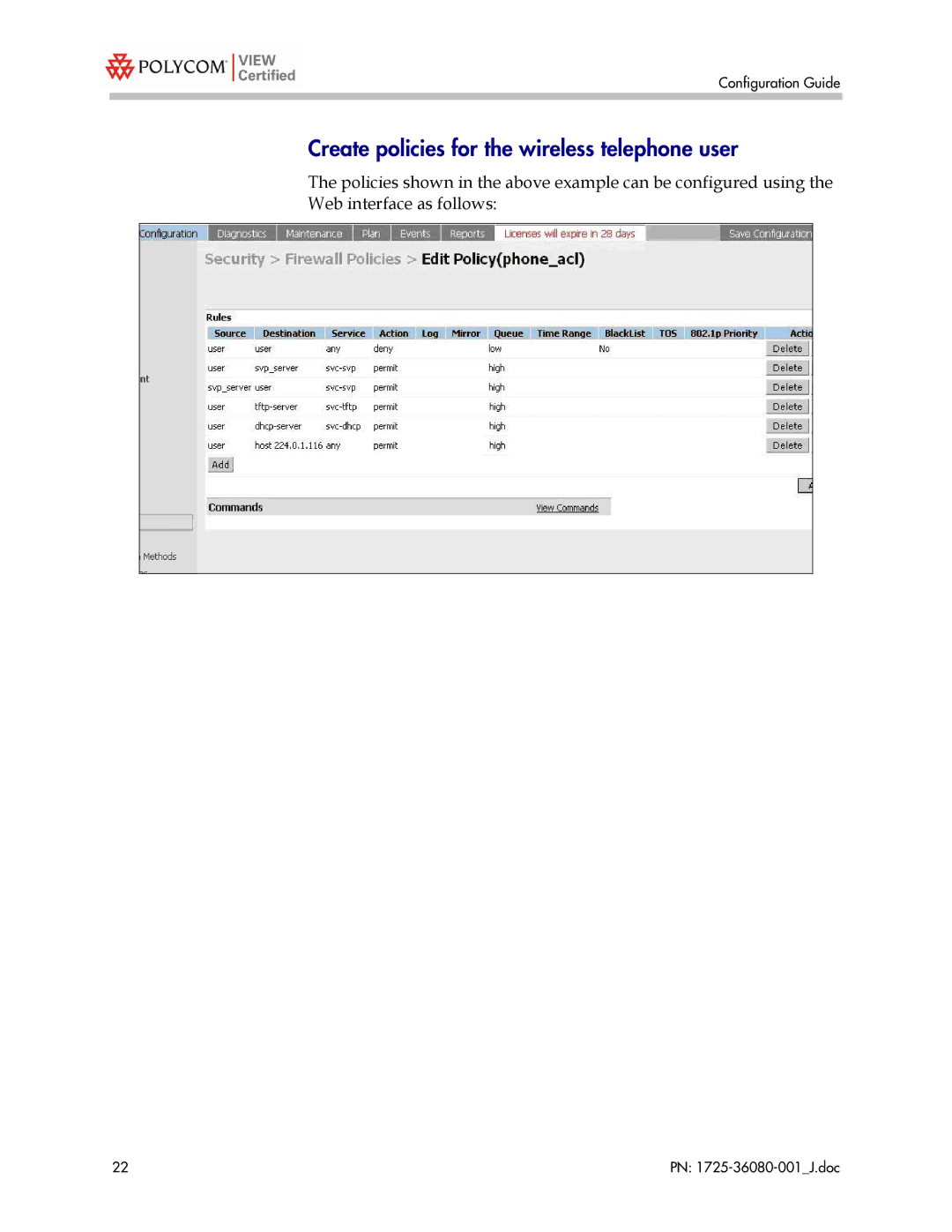 Polycom A800, A200, A6000, A2400 manual Create policies for the wireless telephone user 