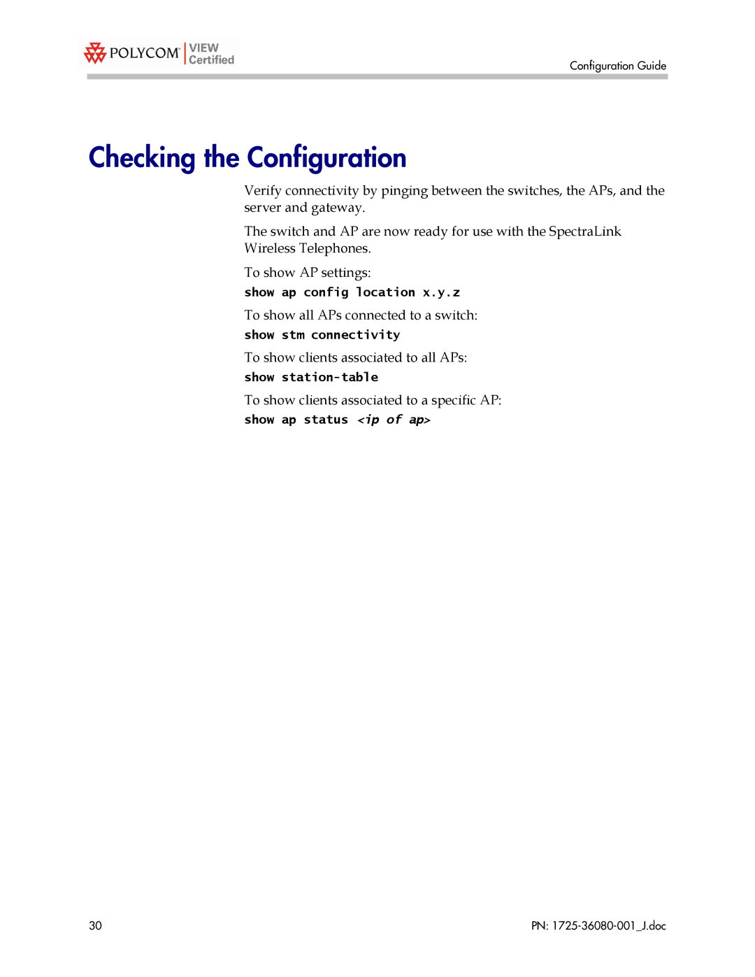 Polycom A800, A200, A6000, A2400 manual Checking the Configuration 