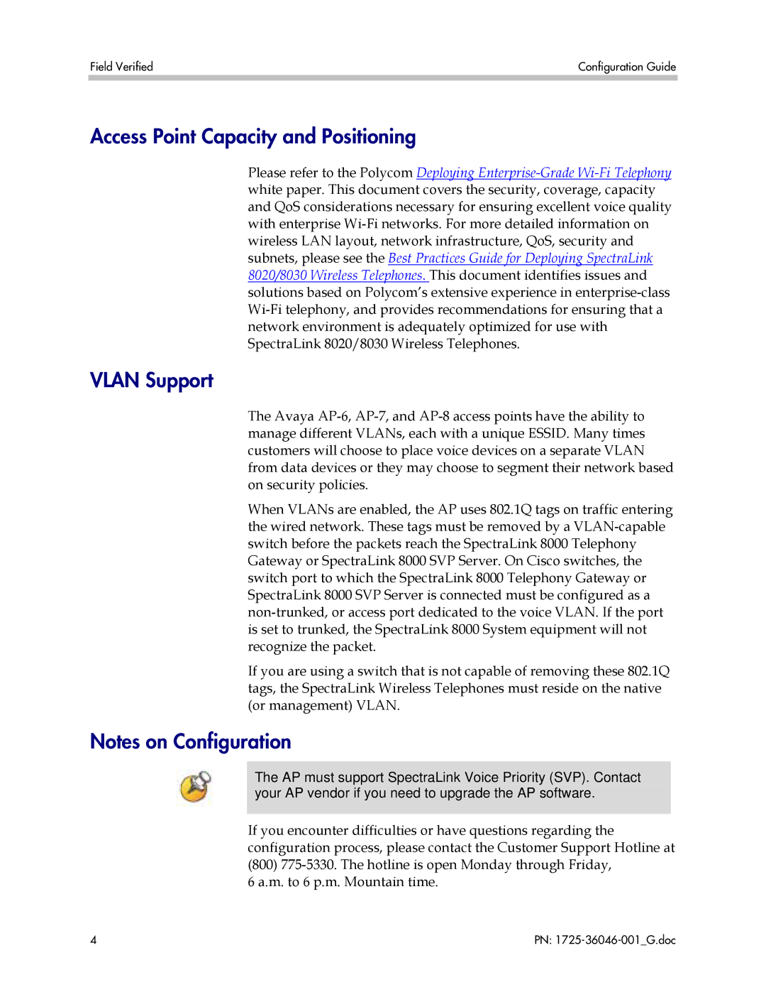 Polycom AP-8, AP-7, AP-6 manual Access Point Capacity and Positioning, Vlan Support 