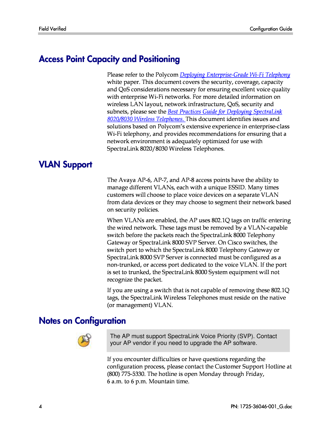 Polycom AP-8, AP-7, AP-6 manual Access Point Capacity and Positioning, VLAN Support, Notes on Configuration 
