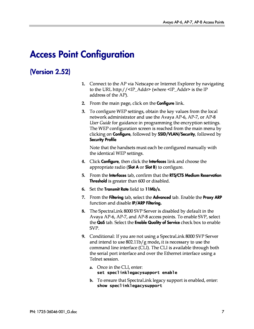 Polycom AP-8, AP-7, AP-6 manual Version, Access Point Configuration, set speclinklegacysupport enable 